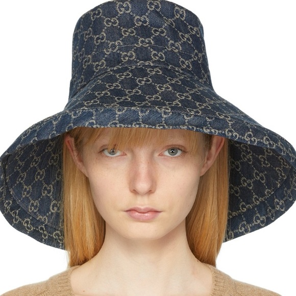 Monogram Accessories - Gucci GG Monogram Denim Bucket Hat Navy Blue Wide Brim Gold Logo Designer